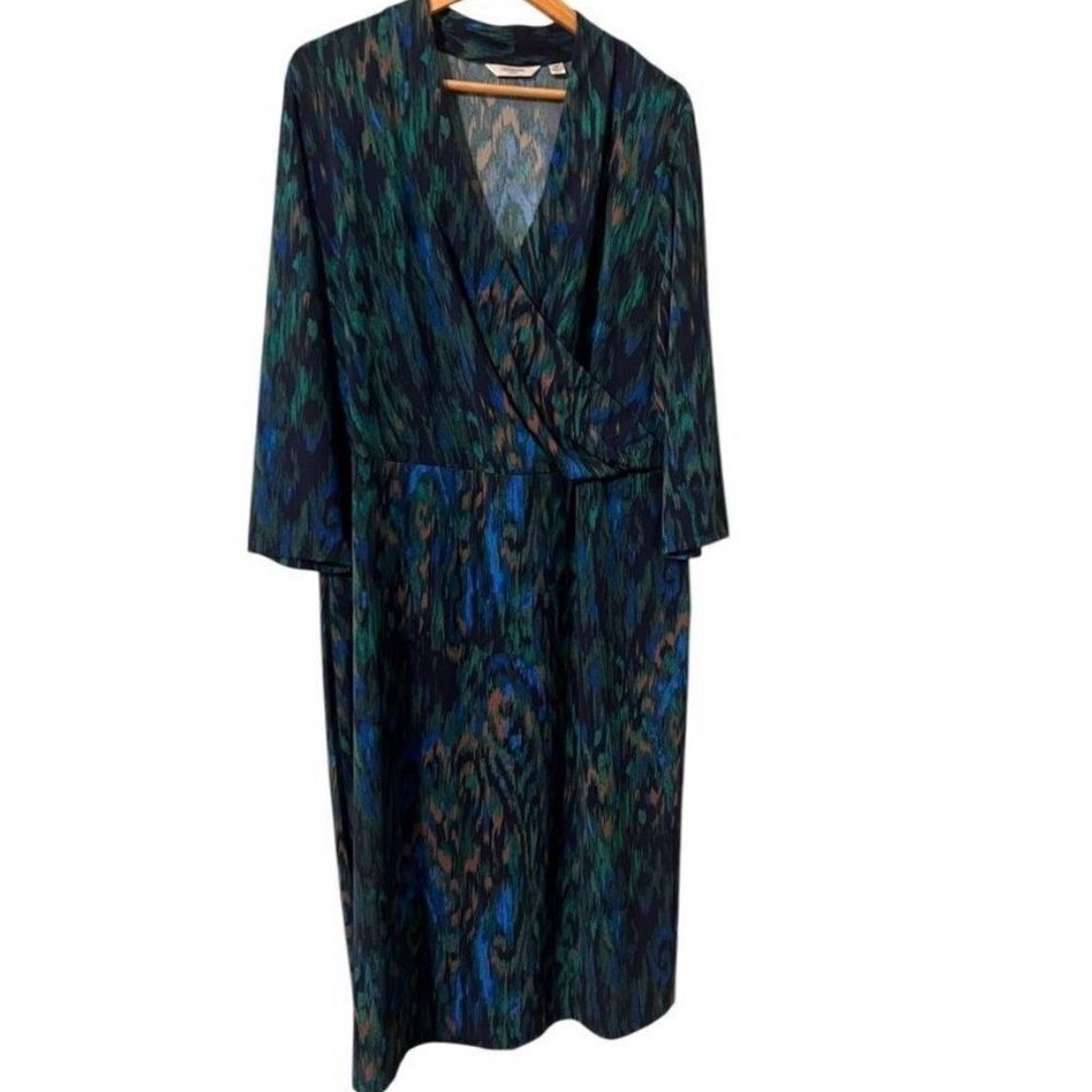 Liz Claiborne Size 2X Long Sleeve Faux Wrap Sheath Dress Blue Peacock Ikat Print
